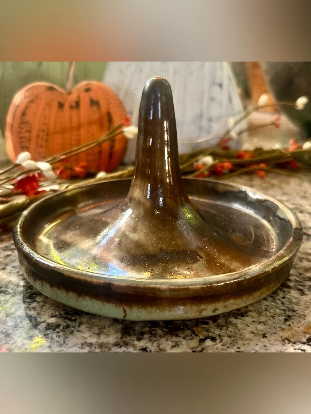 Handcrafted Ceramic Ring Holder Dish in Brown and Green Glaze